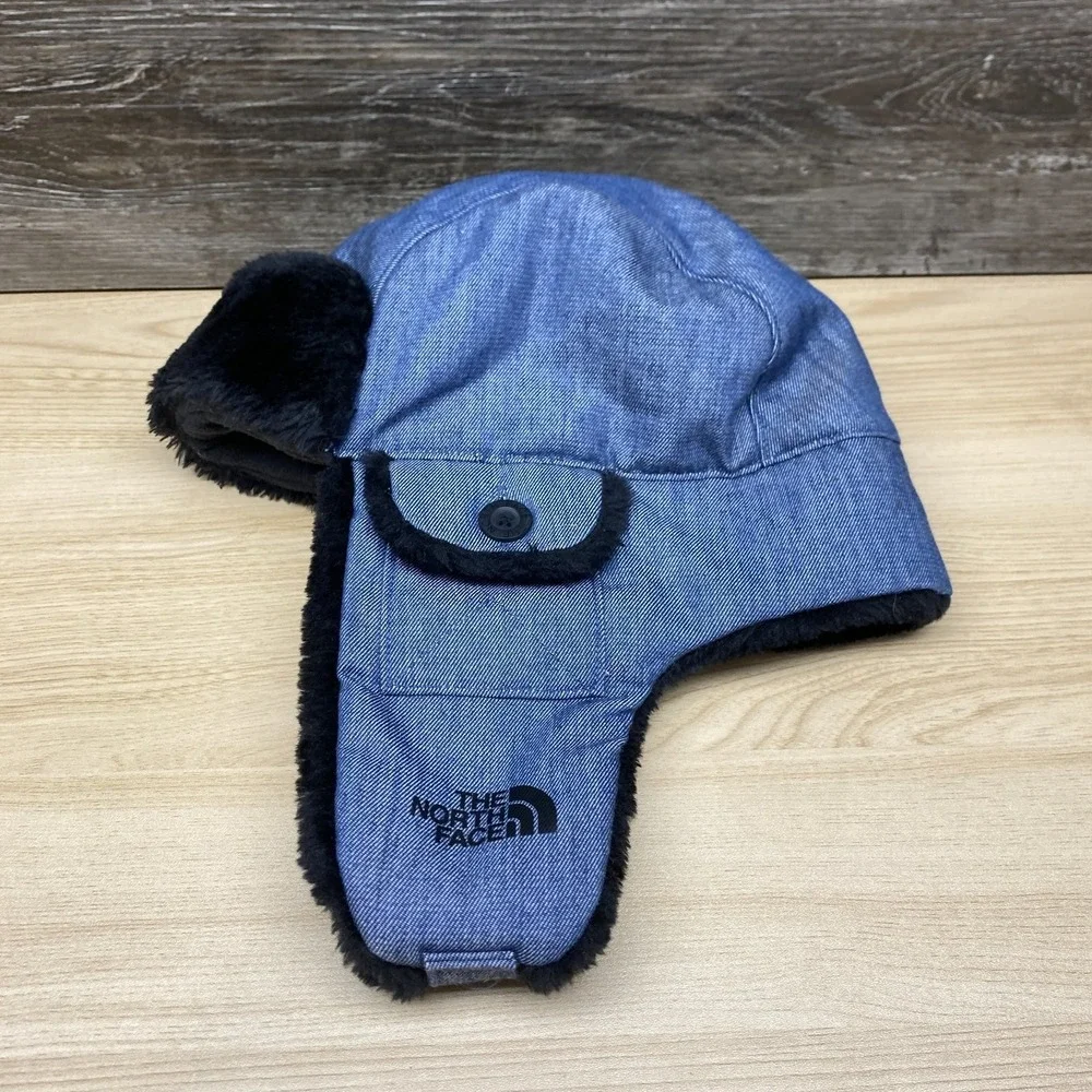 The North Face Hat Cap Trapper Blue Black Denim Faux Fur Ear Flap Winter Outdoor